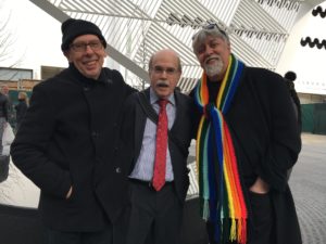 From right Gilbert Baker who designed and created the Rainbow (PRIDE) flag standing next to Richcard Allman and a friend. 